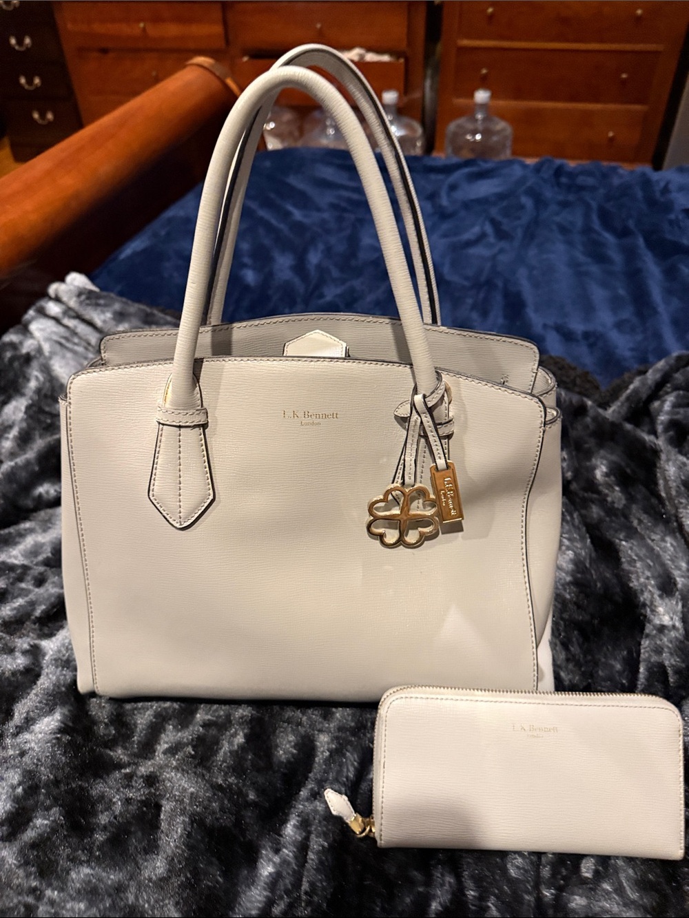 LK Bennett light grey Leather Satchel with Matching Zip Wallet and strap NWOT